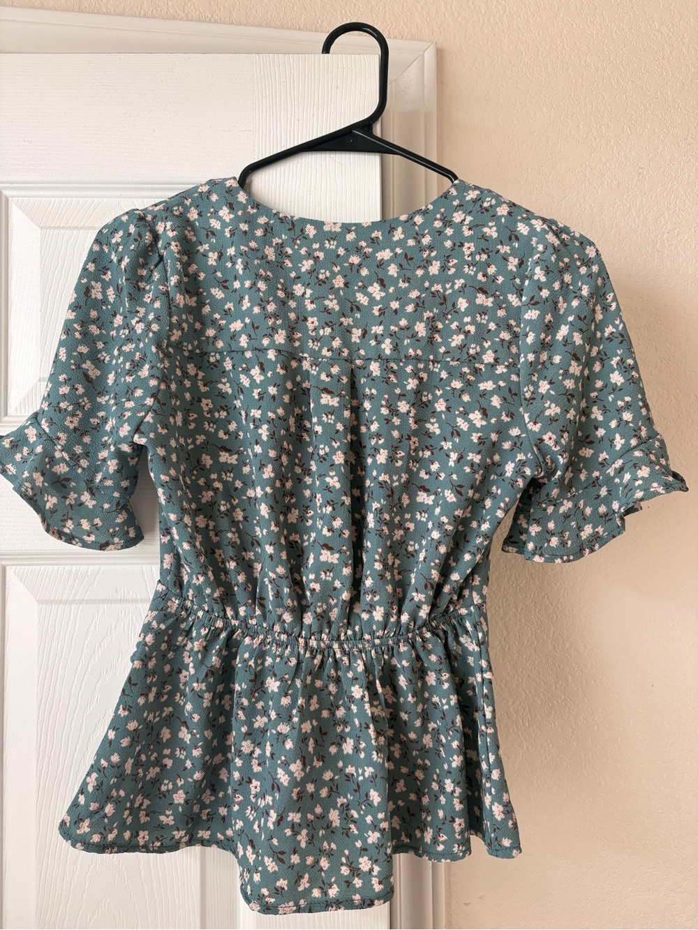 Monteau Teal Floral Drawstring Front Blouse - Picture 3 of 3